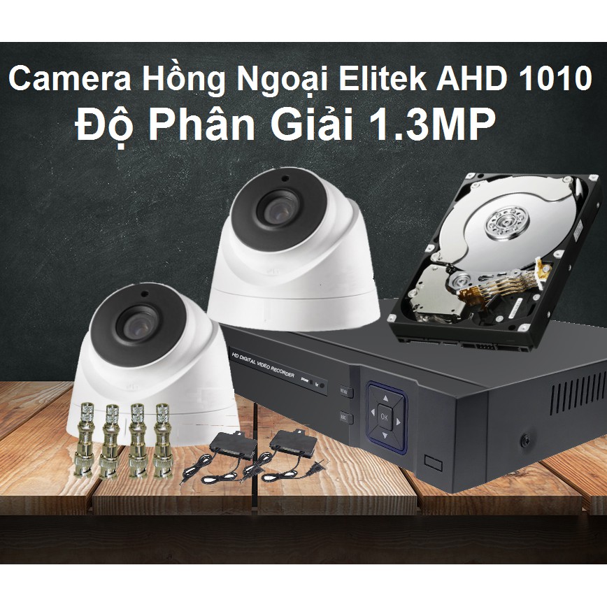 Combo 2 Camera Dome Hồng Ngoại Kính Đen Eitek 1010 AHD Độ Phân Giải 1.3M +Đầu ghi Elitek + ổ cứng 160GB