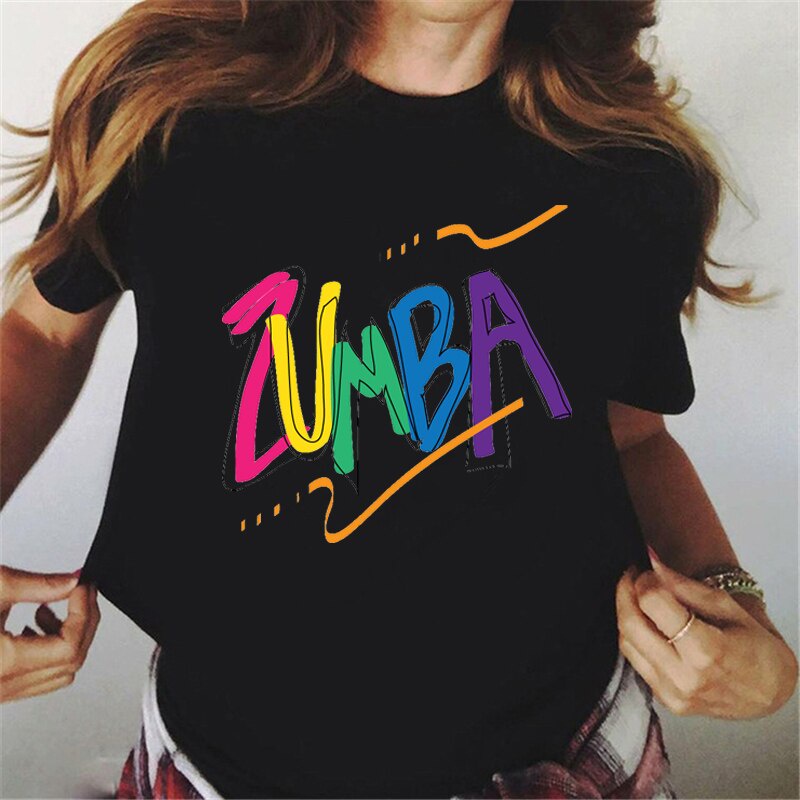Áo thun nữ màu đen in chữ zumba màu cầu vồng phong cách hip hop 2021