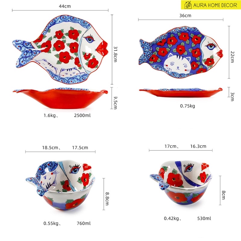[HÀNG MỚI - CÓ SẴN] Bát, tô, đĩa gốm sứ mỹ nghệ Âu Mỹ OMK hình cá sặc sỡ - Hoạ tiết hoa đỏ xanh, sống động tươi sáng