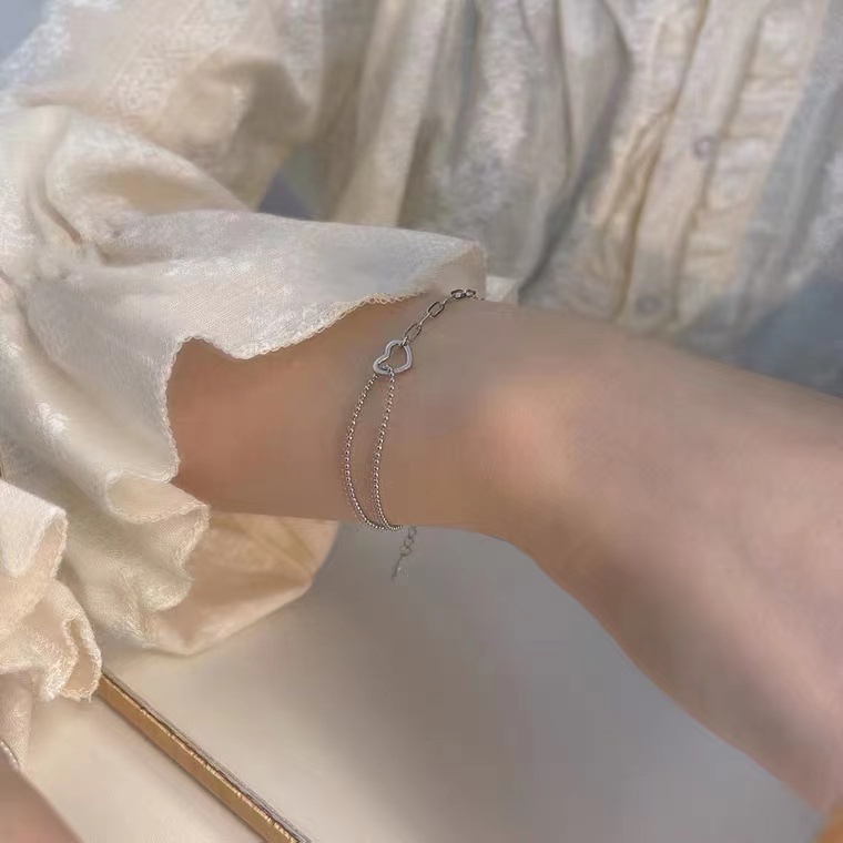 Vòng tay bạc sterling 925 mặt hình trái tim ghép dây xích và dây chuỗi thiết kế nhỏ đơn giản thời trang cá tính cho nữ