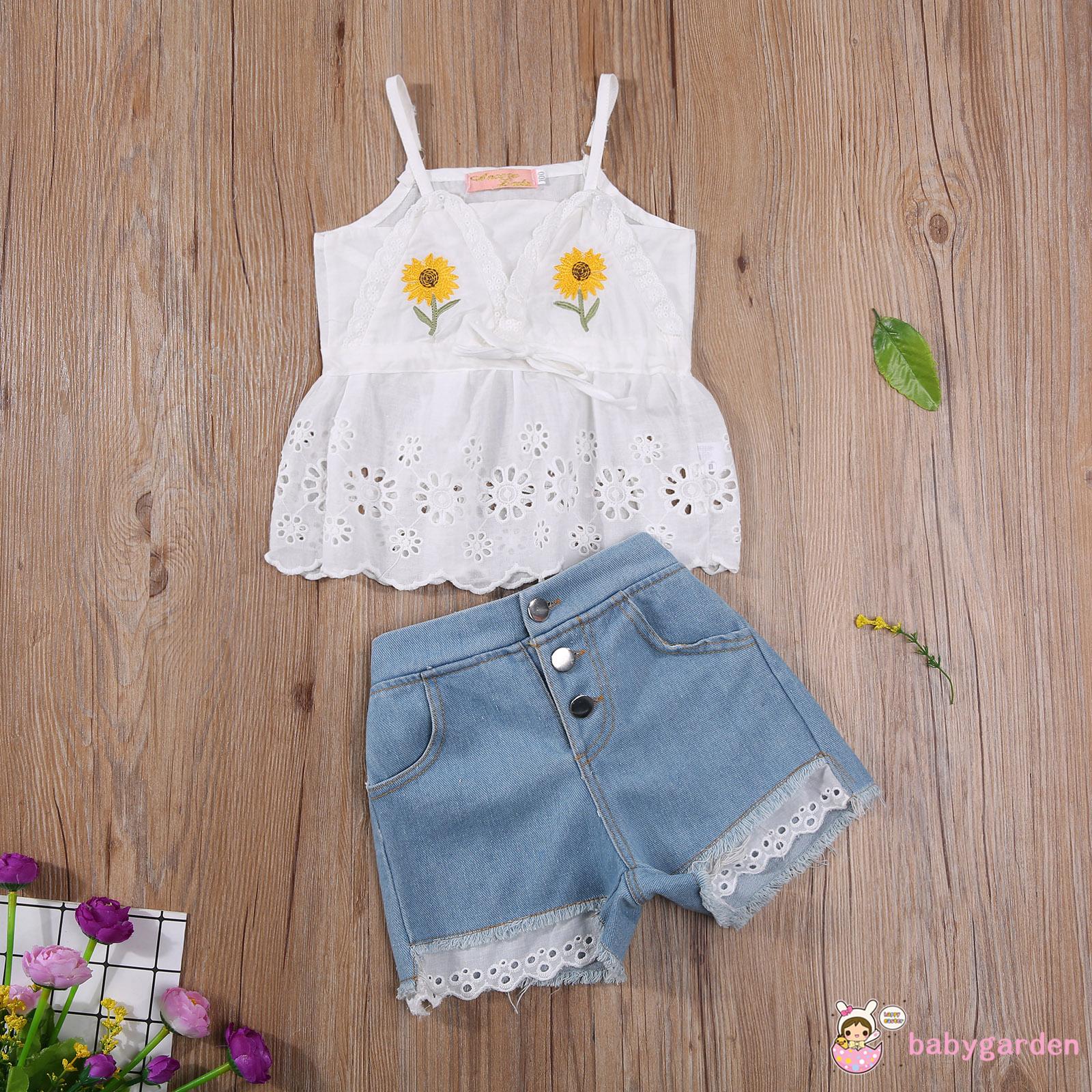 Bộ Áo Cổ Chữ V Không Tay Thêu Hoa Hướng Dương + Quần Short Denim Màu Trắng / Hồng Cho Bé Gái