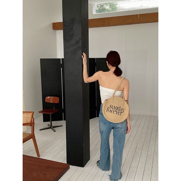 Túi Cói Tròn Thêu Chữ SUNDAY FOREVER Hot 2022