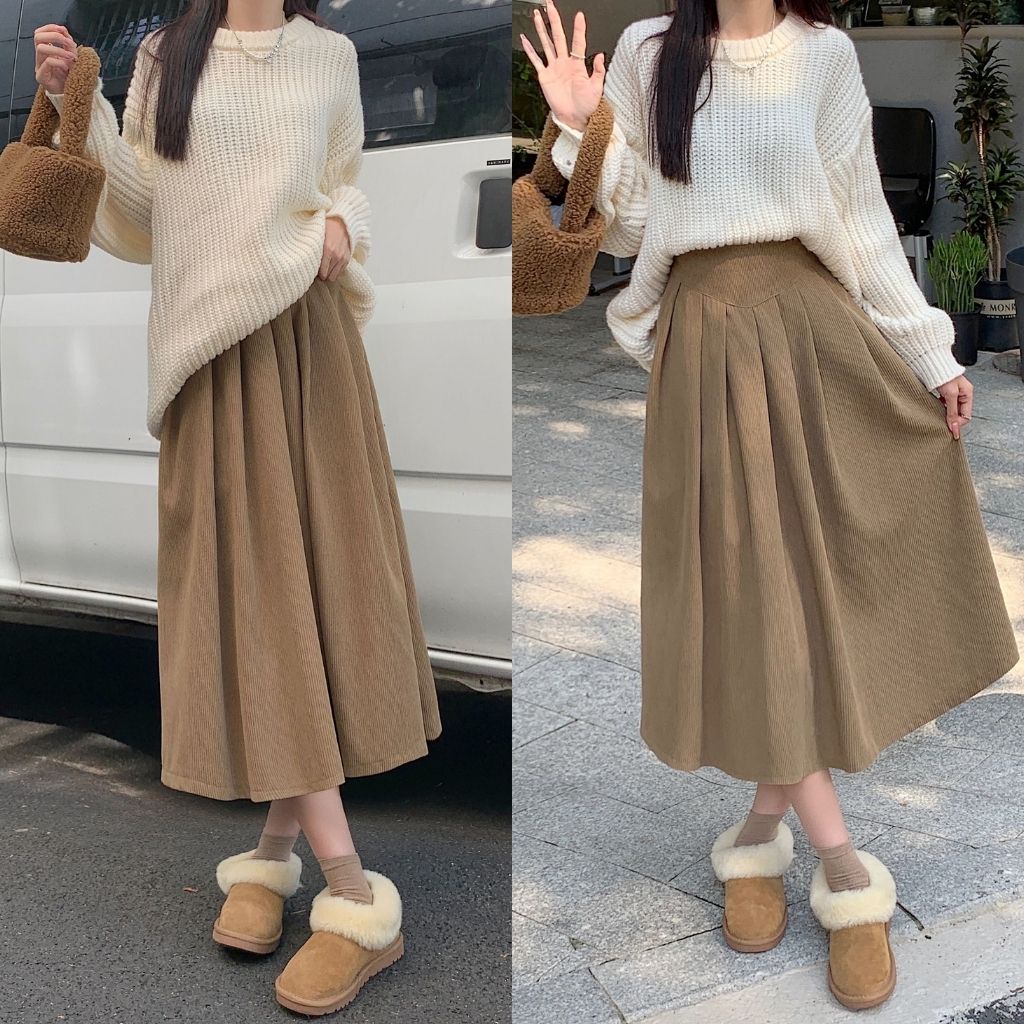 Chân váy midi nhung tăm xếp ly dáng dài Hada, hàng Quảng Châu cao cấp - CV08
