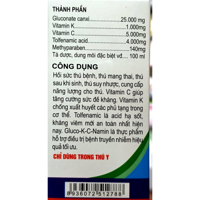 Hồi sức tăng lực cho vật nuôi GLUCO KC NAMIN Chai 100ml Công Ty MARPHAVET.