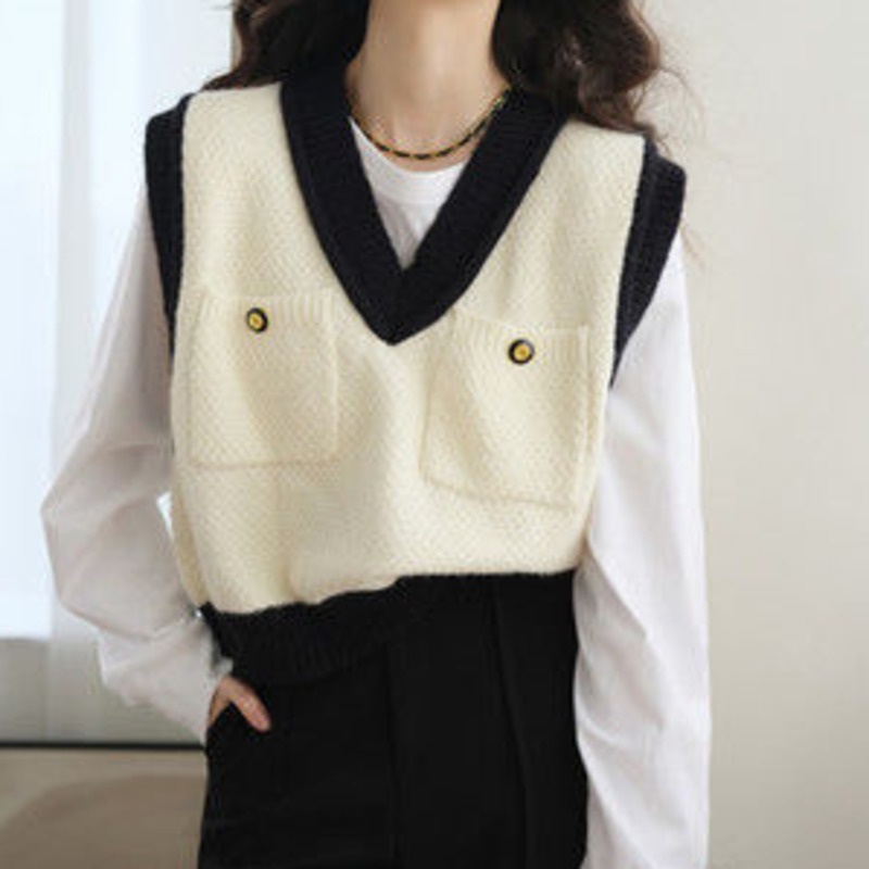 Áo Vest Dệt Kim Màu Sắc Tương Phản 205744 Áo Len Không Tay Cổ Chữ v Dáng Rộng Màu Sắc Hợp Thời Trang