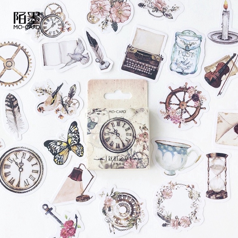 Set 46 tem dán vintage đồng hồ trang trí sổ