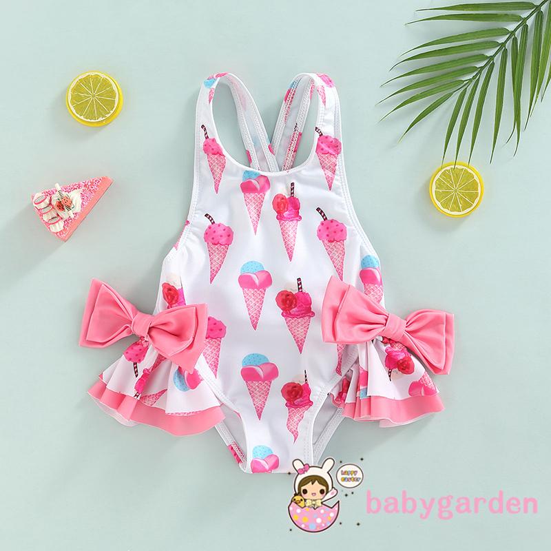 BABYGARDEN-1-6years Baby Girls One-Piece Swimwear, Sleeveless Doughnut/Ice Cream Printed Large Bowknot Ruffled Triangle