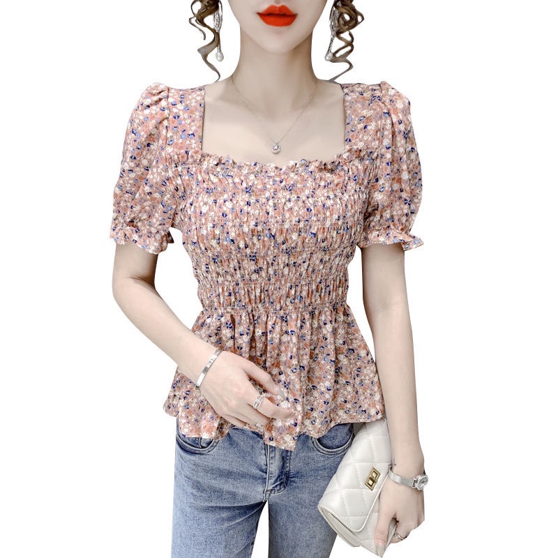 Áo Chiffon Cổ Vuông Tay Ngắn Họa Tiết Hoa Phong Cách Pháp Thời Trang Cho Nữ