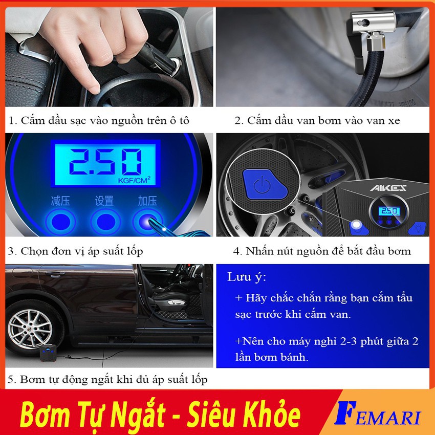 [ BH 1 ĐỔI 1 ] Máy bơm lốp ô tô, xe hơi AIKESI - Máy bơm lốp tự ngắt 12V Hàng Chính Hãng