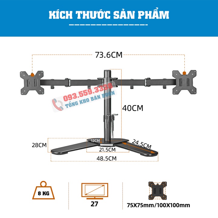Giá Treo 2 Màn Hình M042 Cao Cấp 17 - 27 Inch / Tải Trọng 8Kg - Chân Đế Hai Màn Hình Thiết Kế Chân V Để Bàn