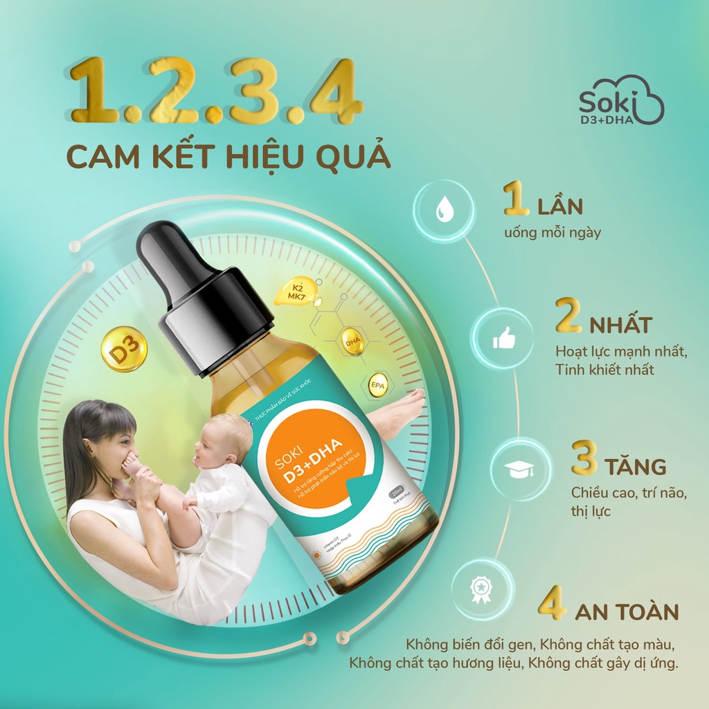 Siro SOKI D3+DHA Giúp Trẻ Hấp Thu Canxi, Tăng Chiều Cao, Phát Triển Trí Não Và Thị Lực Lọ 20ml