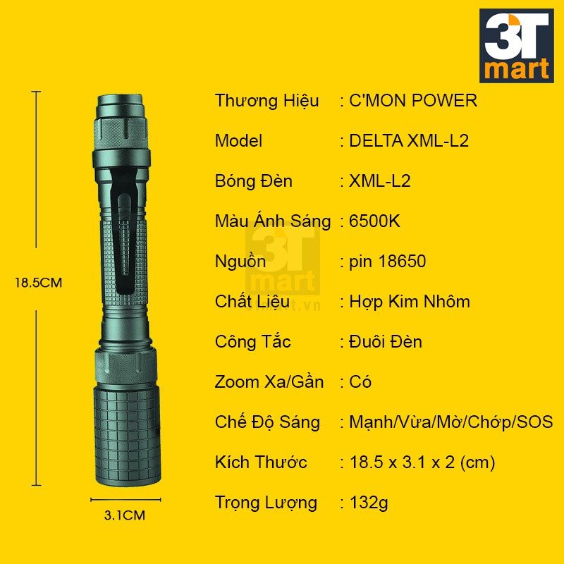 Bộ 1 đèn pin siêu sáng C'mon Power DELTA XML-L2 + 4 pin 18650 + 1 bộ sạc đôi (xanh lá)