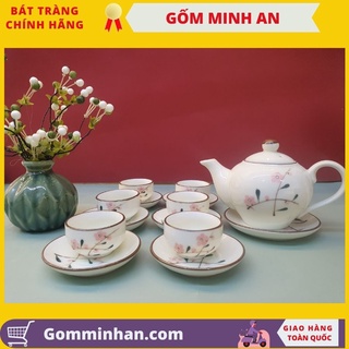 Bộ trà sứ bộ ấm chén sứ men kem vẽ đào hồng gốm sứ bát tràng- gốm minh an