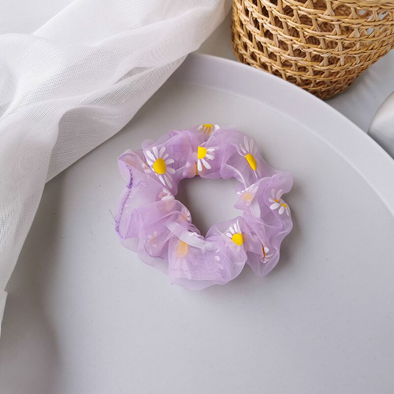 Scrunchies hoa cúc Dây Buộc Tóc Vải Lưới Trong Suốt In Họa Tiết Hoa Cúc Phong Cách Hàn Quốc