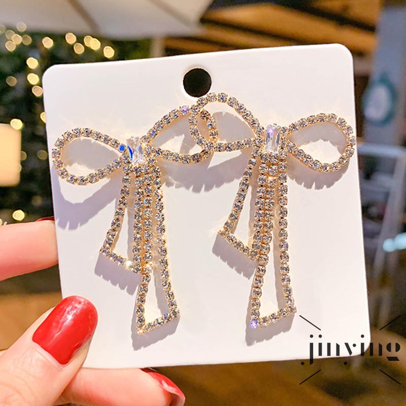 GETNOIVAS ❤S Wind 925 Silver Needle Zircon Bowknot Tassel Commuter Earrings European and American Exaggerated
