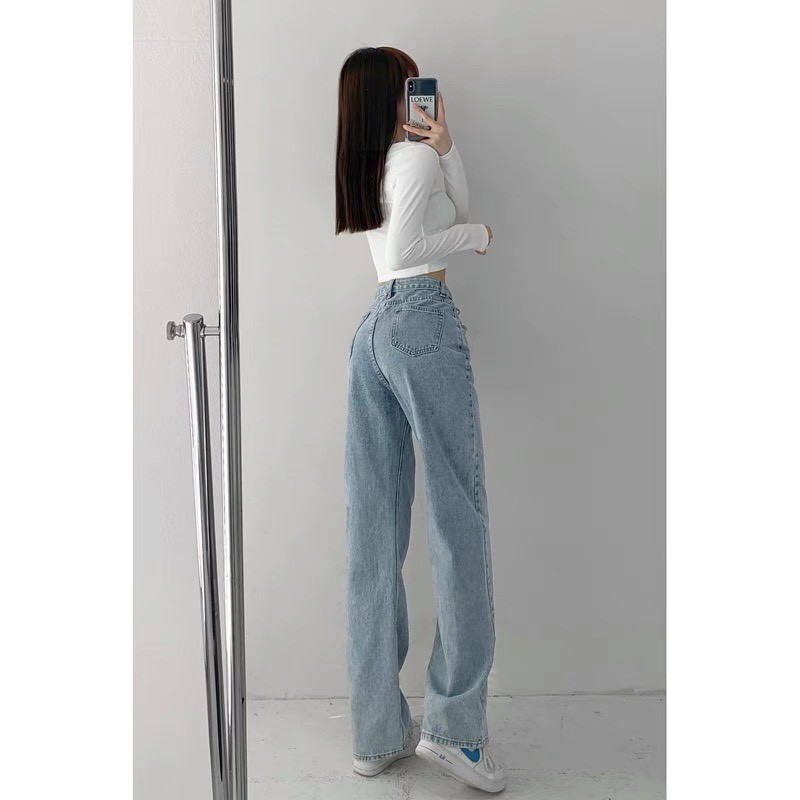 Quần Jean Ống Rộng Cạp Cao Xếp Chéo THUS, Jeans Nữ Dáng Suông Thời Trang Sành Điệu Q2J06