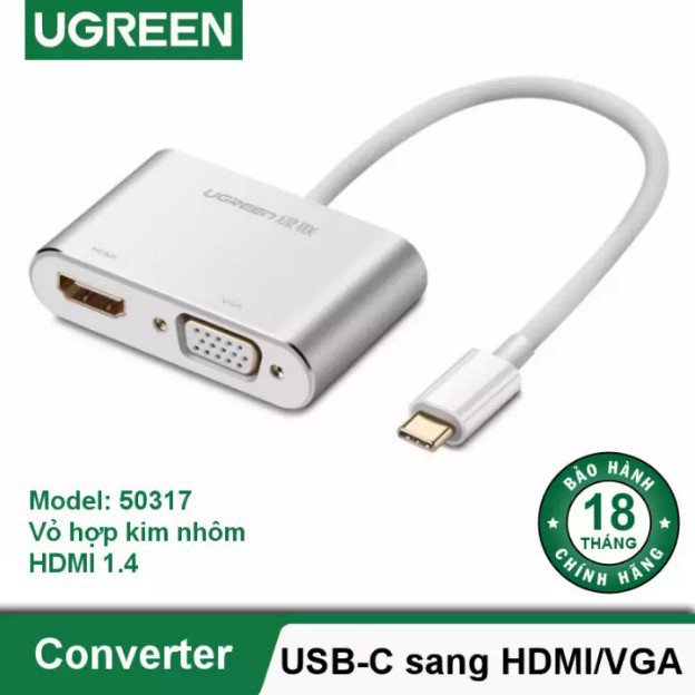 Bộ Chuyển Đổi USB Type C To HDMI Và VGA Chính Hãng Ugreen 50317 Vỏ Nhôm - Bảo Hành 18 Tháng