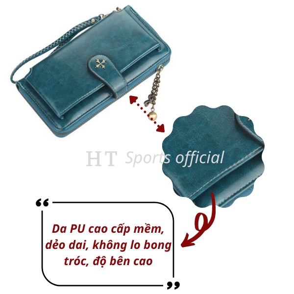 Bóp ví nữ cầm tay HT Sports chất da mềm mại siêu bền, thiết kế dây kéo tiện dụng đựng tiền đựng thẻ