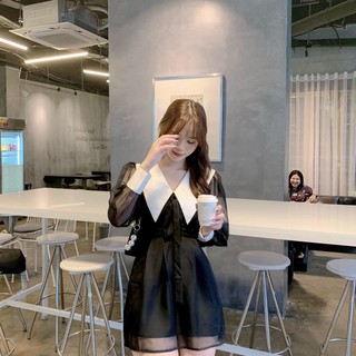 Váy voan tay bồng phối đen trắng