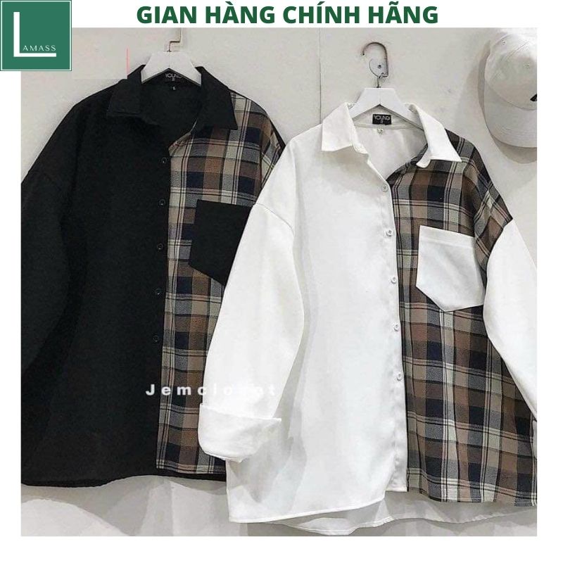 Áo sơ mi nữ phối kẻ caro túi hộp form to rộng unisex ulzzang cực xinh vitage -LAMASS