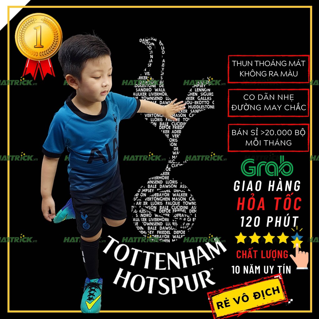 Đồ đá bóng trẻ em Tottenham xanh MẪU MỚI 2021 (11kg-41kg), thun Sài Gòn thoáng mát mềm mại, may chất lượng, xưởng bán sỉ