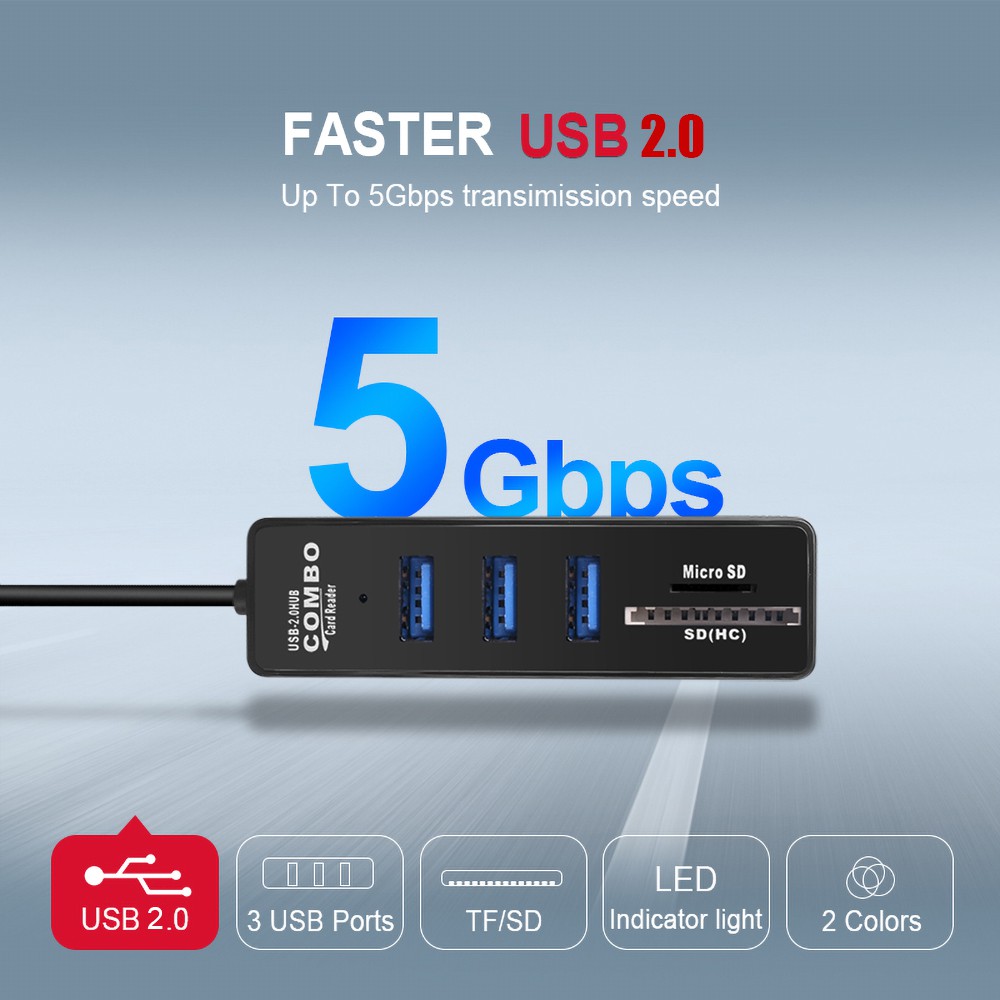 Bộ Chia 3 Cổng USB 2.0 KEBIDUMEI Đọc Thẻ Nhớ SD TF Cho Máy Tính Xách Tay