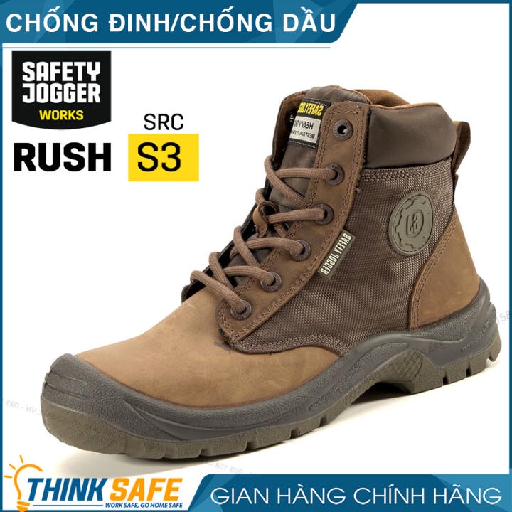Giày bảo hộ lao động nam Jogger Rush S3 có khóa kéo hông, da ngựa siêu bền, chống thấm nước, chống đinh, chống trượt Già