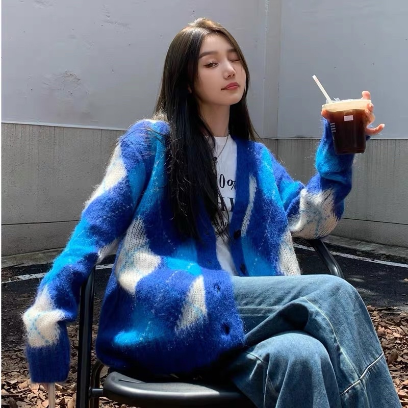 Áo khoác cardigan len dệt kim dài tay cổ V hoạ tiết quả trám xanh blue chic ulzzang SAM SAM BOUTIQUE
