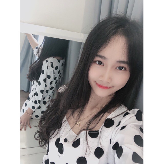Váy chấm bi 2 lớp cúc bọc chân cá 💋đầm Công sở đầm QC cao cấp