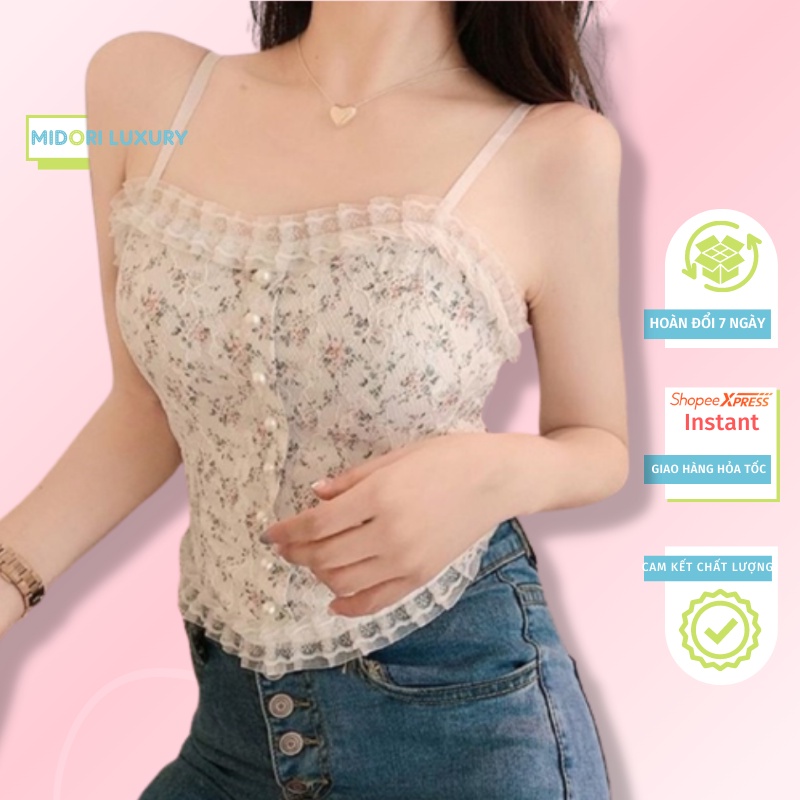 Áo bra ren có Đệm mút tiểu thư đính ngọc siêu xinh Midori - Áo Croptop hai dây màu đen trắng Vintage A112
