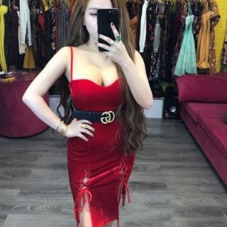 Đầm body nhung cúp quả ngực đan dây