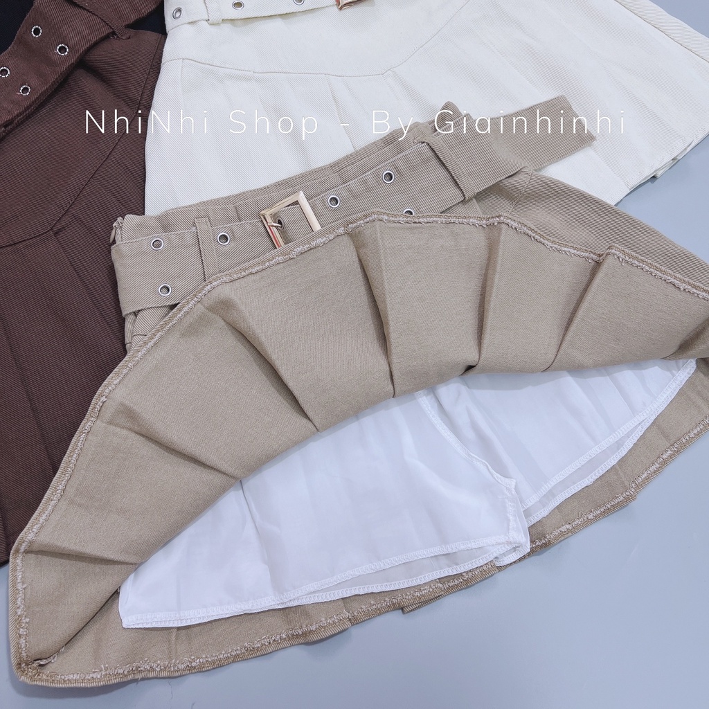 Chân váy jeans ngắn xếp ly kèm đai, Chân váy dáng A cạp cao CV1152 - NhiNhi Shop