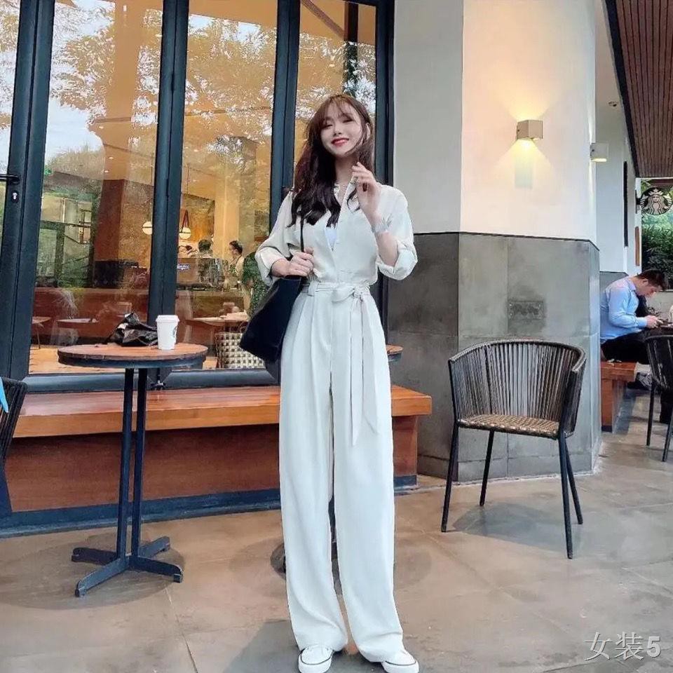 bộ thời trang [Summer Thin Style] Suit Jumpsuit lửng cạp cao lưng mỏng Quần ống rộng nữ lưới màu đỏ phiên bản Hàn Qu