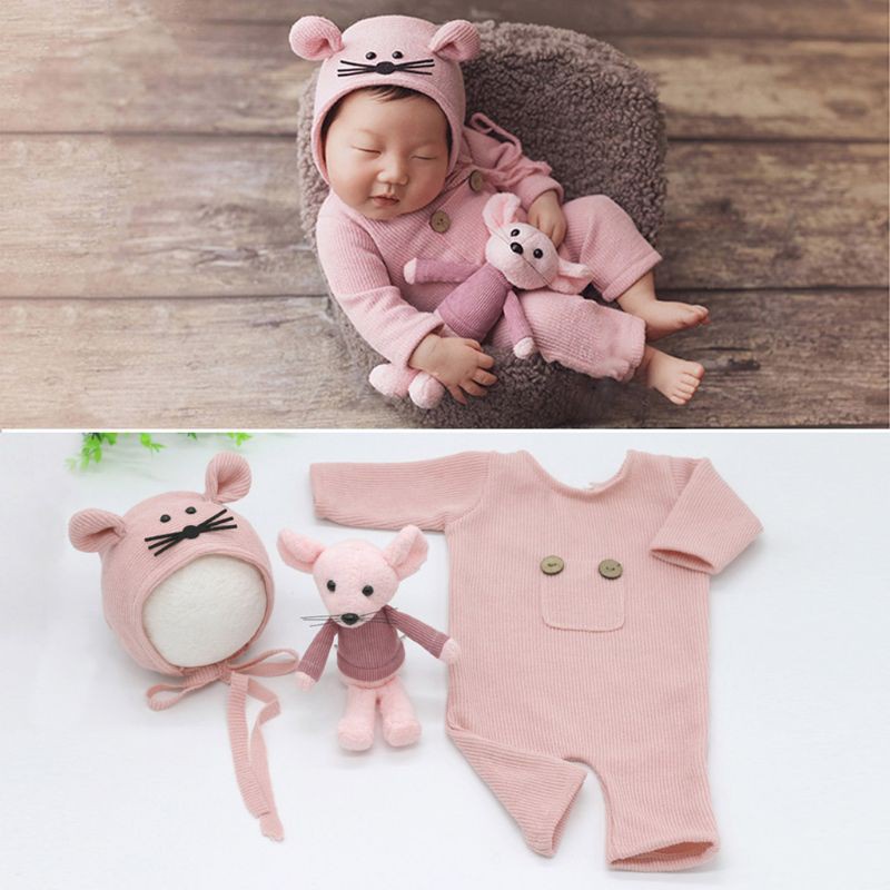 Bộ 3 Món Áo Liền Quần Cotton Dệt Kim Kèm Búp Bê Hình Chú Chuột Dễ Thương Dùng Làm Đạo Cụ Chụp Ảnh Cho Bé Sơ Sinh