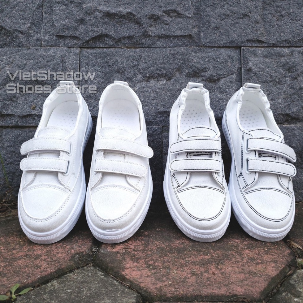 YDGD Giày lười da nữ dây dán - Chất liệu da PU 2 màu trắng full và trắng chỉ đen - Mã SP 2218 25 YC35