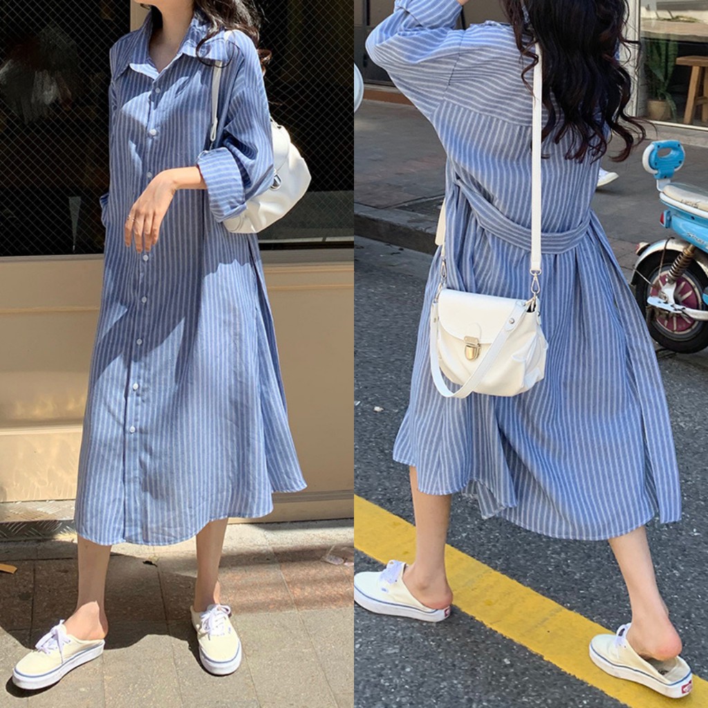 Váy sơ mi dài tay, đầm sơ mi maxi kẻ có đai bụng Hàn Quốc - V48FG BROWN