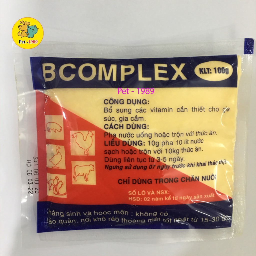 BCOMPLEX túi: 100g .Bổ sung các Vitamin cho gia súc , gia cầm. Pet-1989