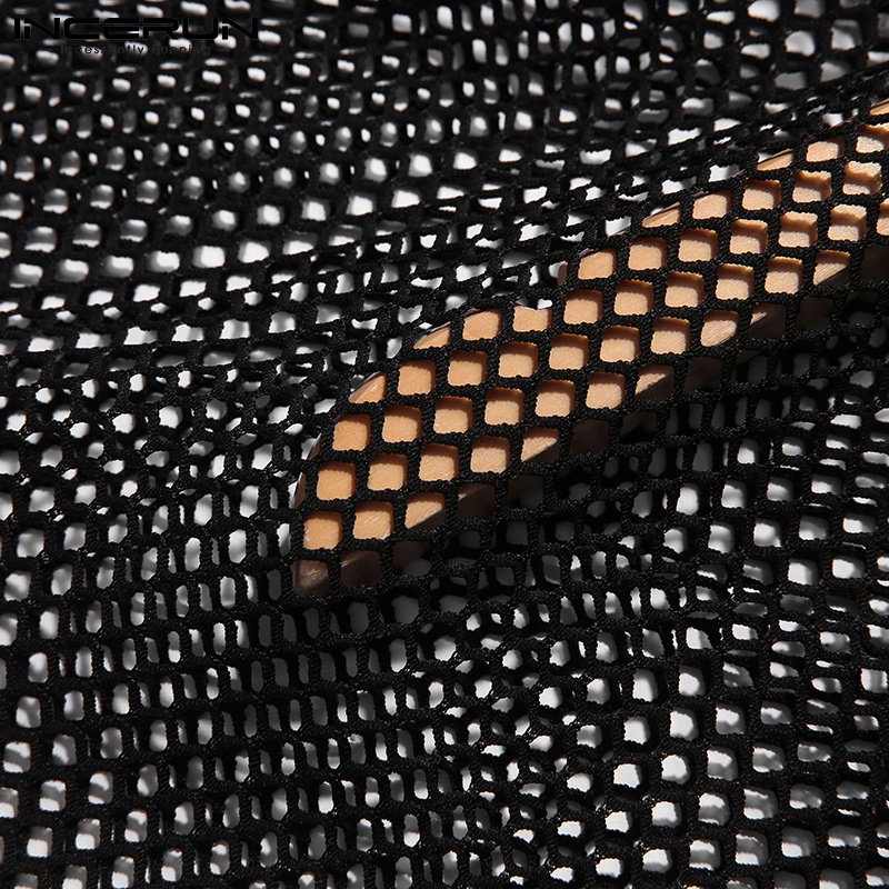 Áo INCERUN ngắn tay xuyên thấu màu đen phối dây rút thời trang cho nam