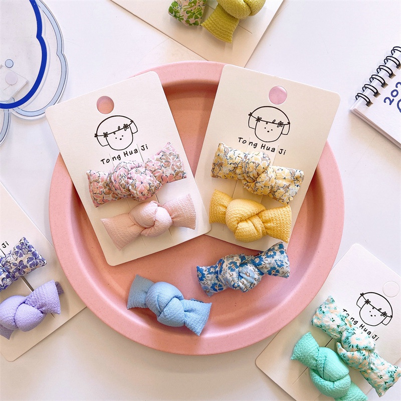 Kẹp Tóc Nơ Vải In Hoa Dễ Thương Phong Cách Hàn Quốc Cho Bé Gái