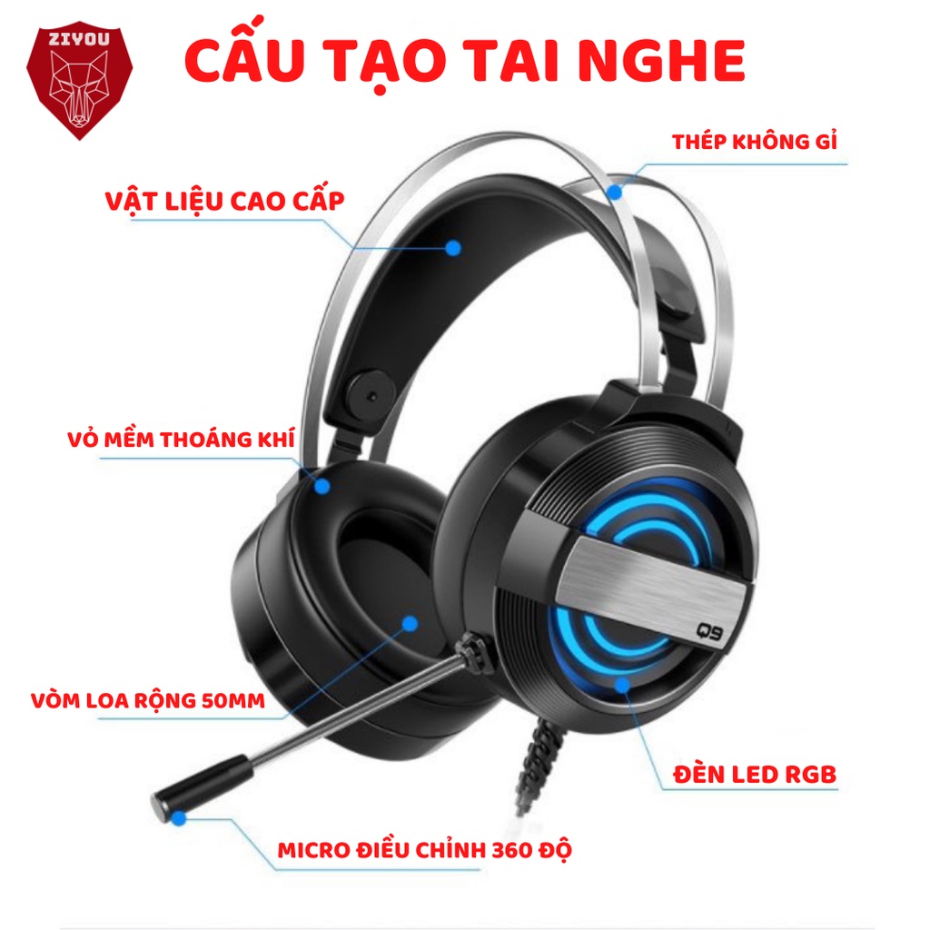 Tai Nghe Chụp Tai Gaming ZIYOU MC Q9  Có Đèn Led Đổi Màu Có mic đàm thoại cho máy tính, laptop