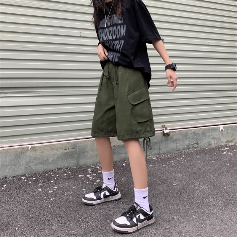Quần ngắn ống rộng Lưng Cao Phối Dây Rút Có 3 Màu Thời Trang Retro Cho Nữ