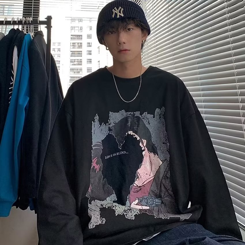 Áo Thun Tay Dài Dáng Rộng In Họa Tiết Hoạt Hình Phong Cách Hip Hop Hàn Quốc Thời Trang Cho Nam size M-5XL