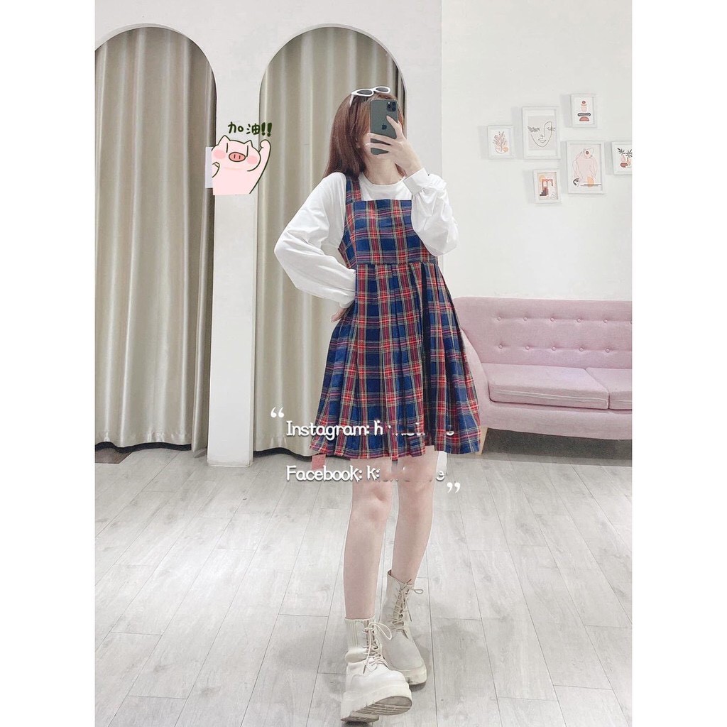 Set áo thun váy yếm kẻ 2 dây babydoll dáng xòe tiểu thư/ Áo thun trơn dài tay mix yếm suông ulzzang_ranstore | BigBuy360 - bigbuy360.vn