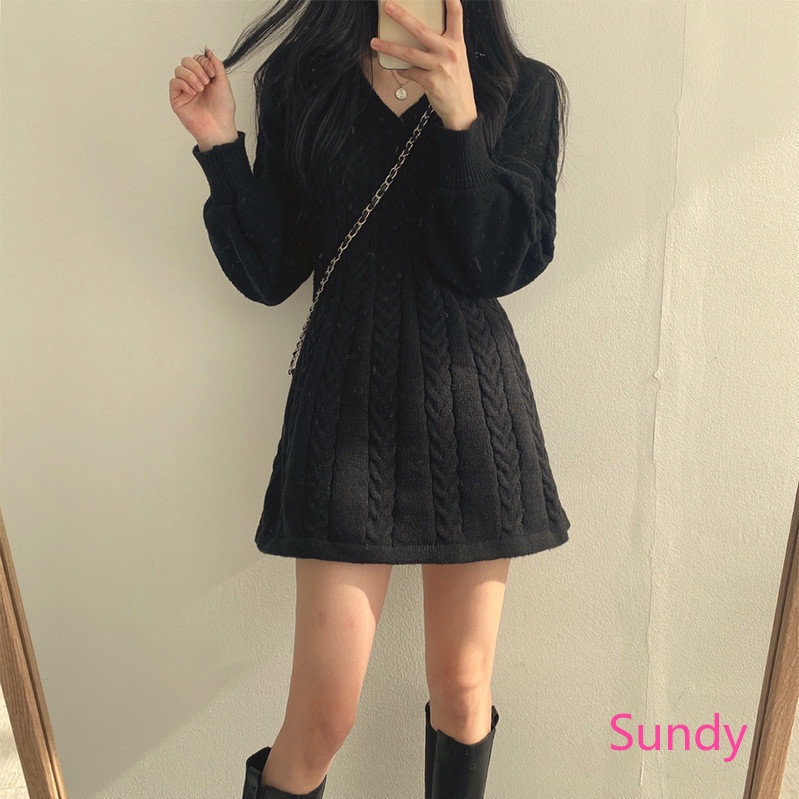 Đầm Sweater Dệt Kim Tay Dài Cổ Chữ V Thời Trang Thu Đông Cho Nữ