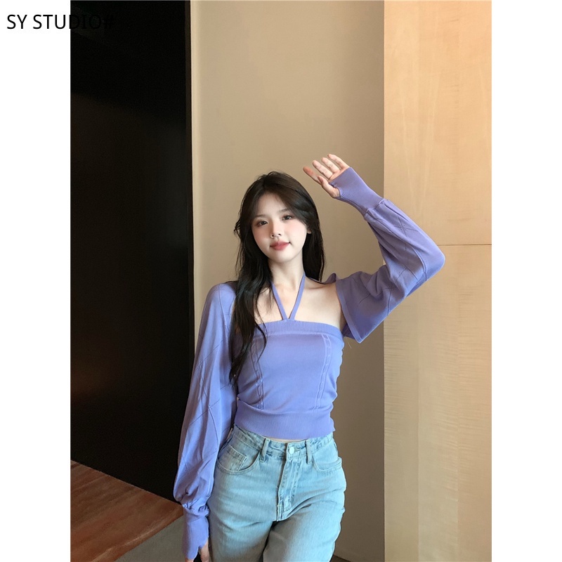 SUXI Set áo croptop dệt kim + áo hai dây phong cách thời trang hàn quốc