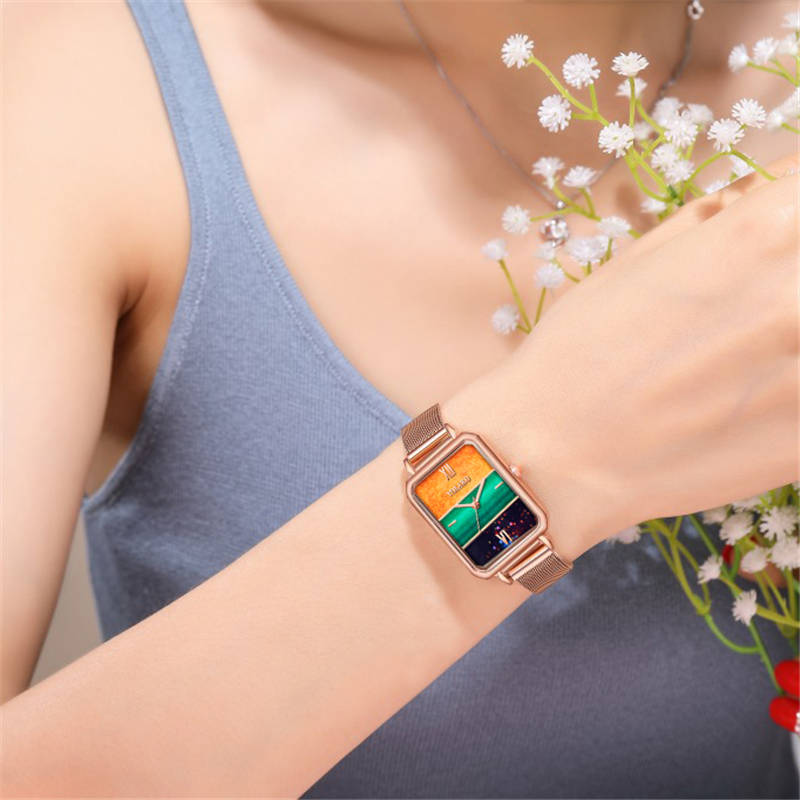 ZOLFA Luxury Rose Gold Ladies Mesh Strap Watches Fashion Square Color Matching Womens Quartz Wristwatch Analog Clock Exquisite Wrist Accessories Đồng hồ nữ