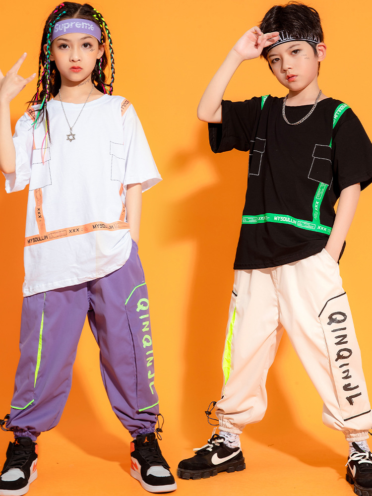 Children's hip hop suit boys hip hop trend Summer Short Sleeve T-Shirt boys handsome hiphop performance dress pants