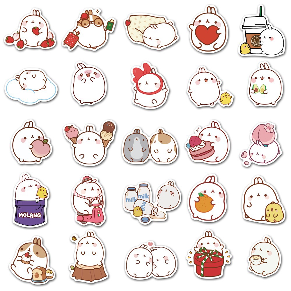 Set 50 chiếc sticker chống thấm nước Thỏ Molang dễ thương dán nón bảo hiểm, laptop, bình nước vật dụng