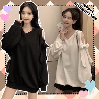 SUA004 Áo sweater thun cổ V đen trắng tay bồng khoét vai nơ babydoll cute thu đông thời trang nữ tính bánh bèo tiểu thư