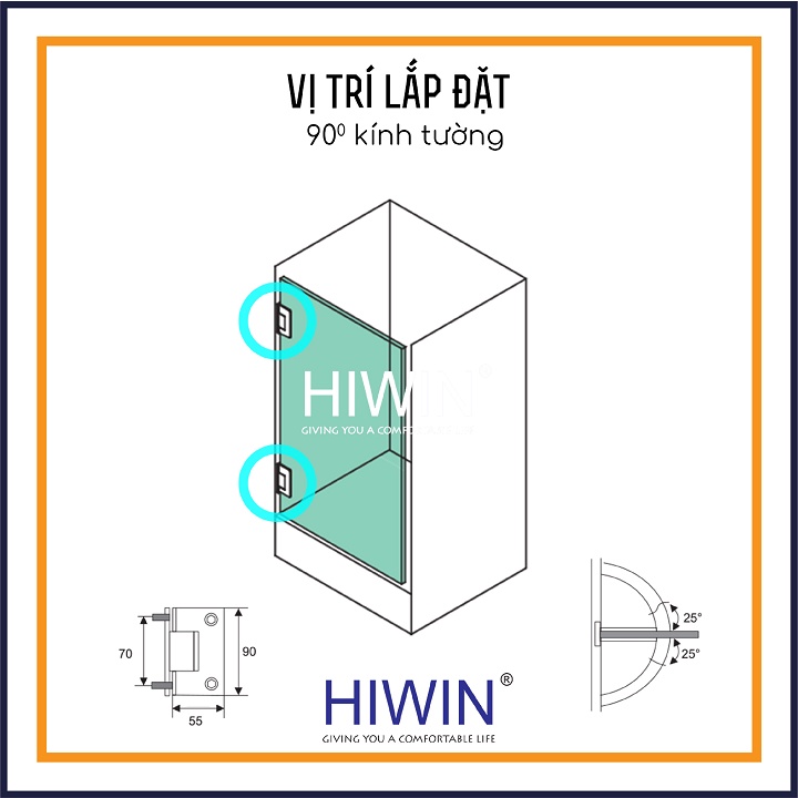 Bản lề phòng tắm kính 90 độ kính tường đế cân cạnh thẳng inox 304 mạ vàng HIWIN HG-009G